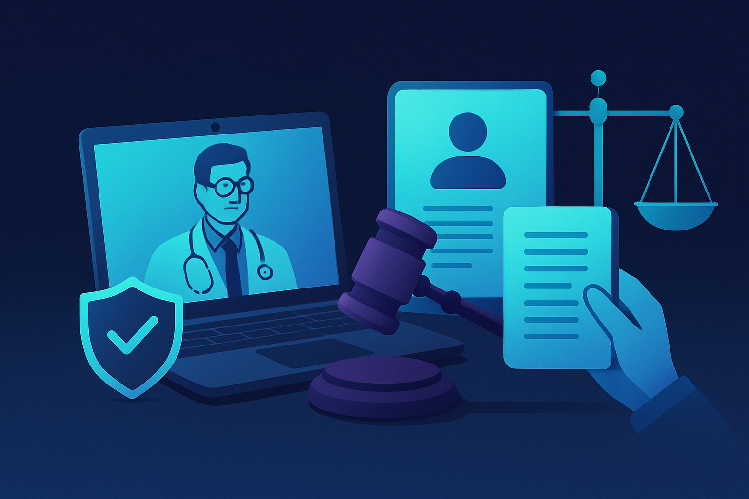 Waage als Symbol für rechtliche Grundlagen der Fernbehandlung und Telemedizin in Deutschland