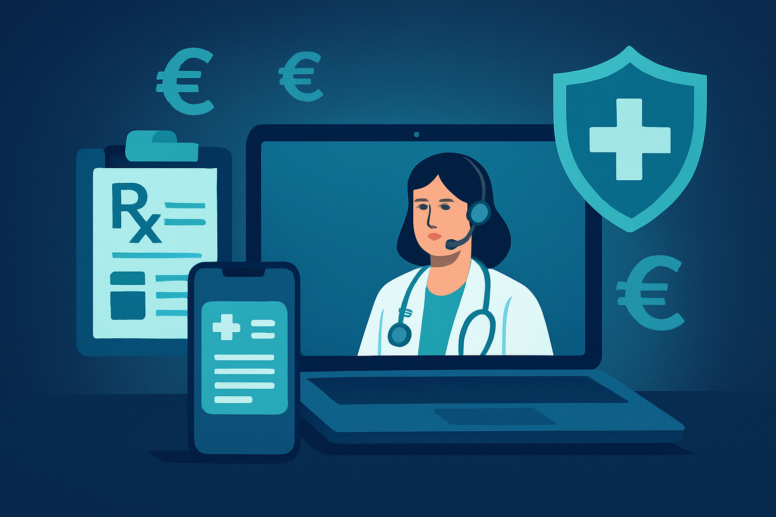 Symbolische Darstellung einer Krankenkassenkarte und eines Smartphones mit Video-Sprechstunde zur Kostenübernahme bei Telemedizin