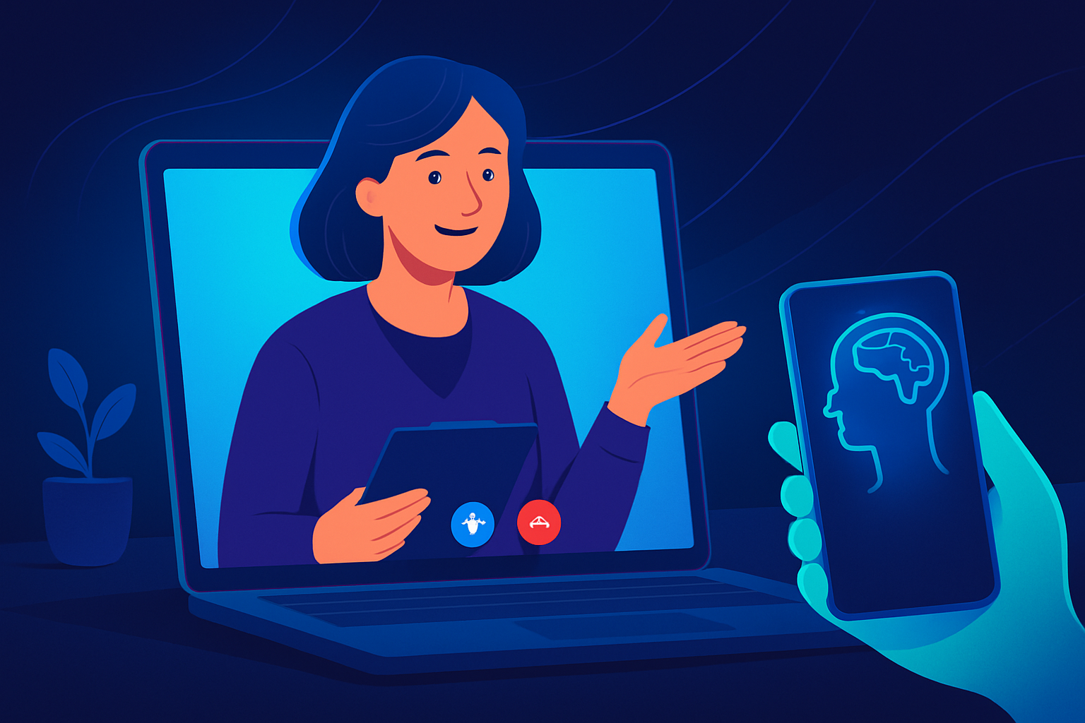 Person nutzt Online-Psychotherapie per Videogespräch auf Laptop in ruhiger Umgebung