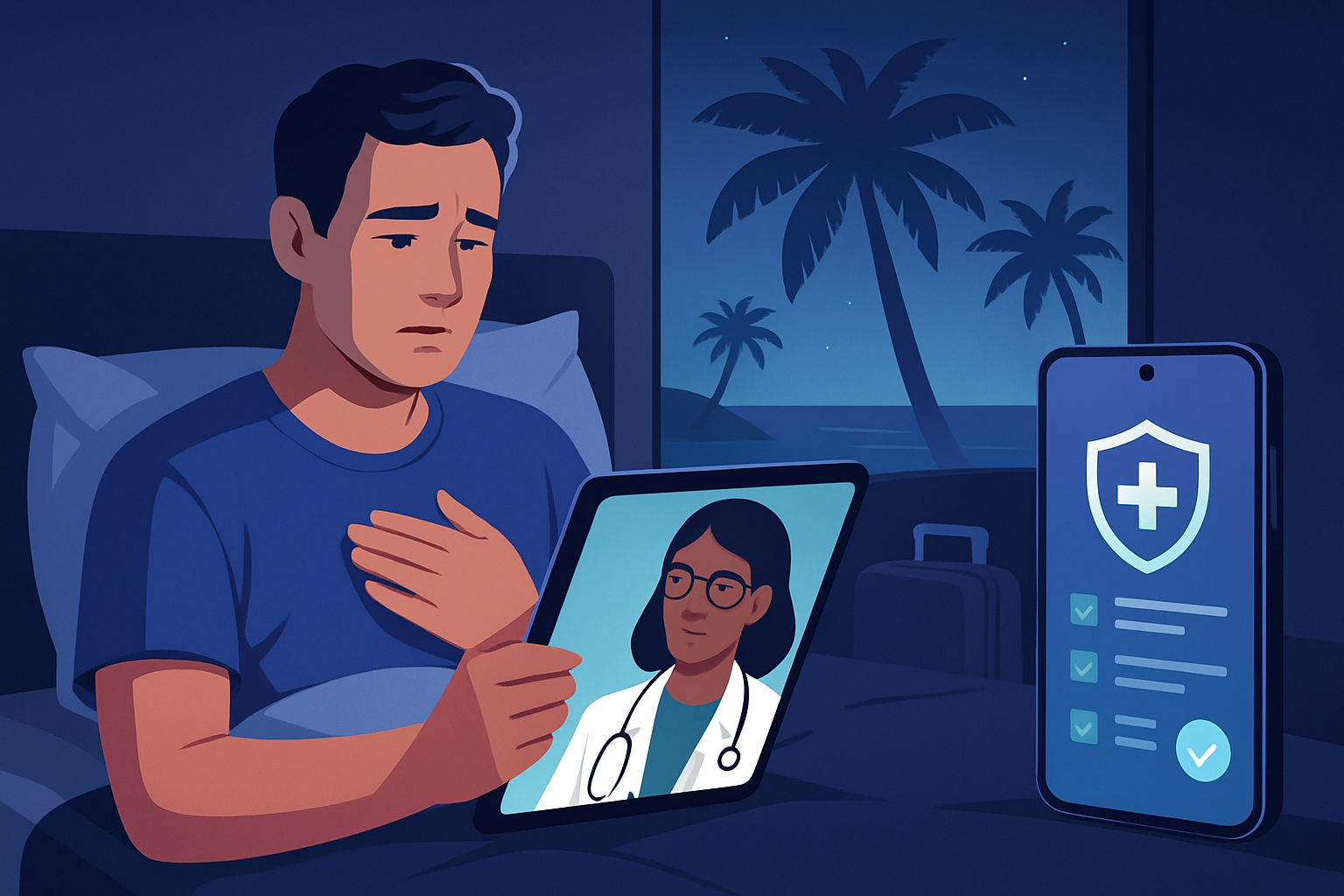 Reisende nutzt Telemedizin-App am Strand für ärztliche Beratung im Urlaub