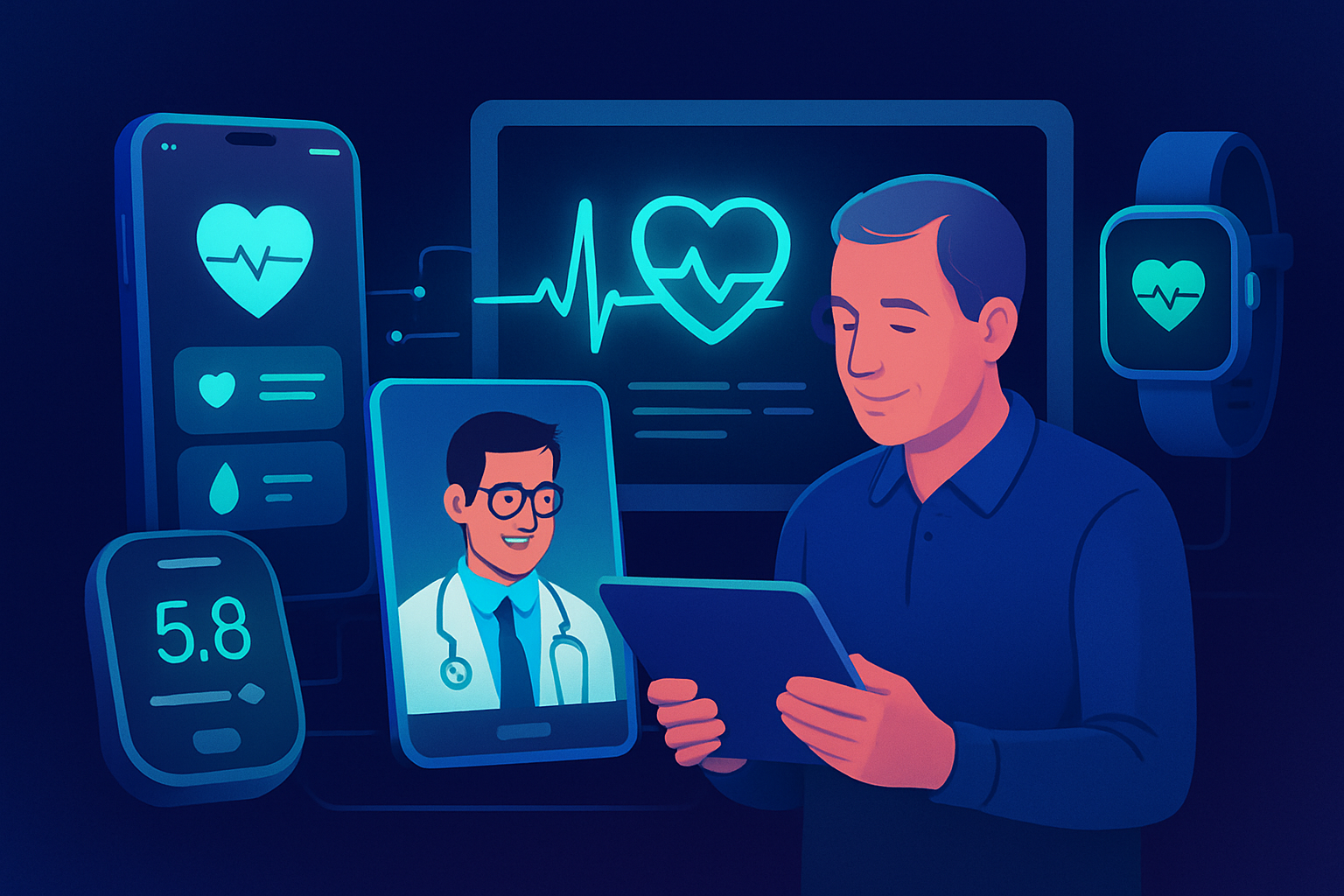 Patient mit chronischer Erkrankung nutzt Telemonitoring-Geräte zur Übertragung von Gesundheitsdaten an Arzt