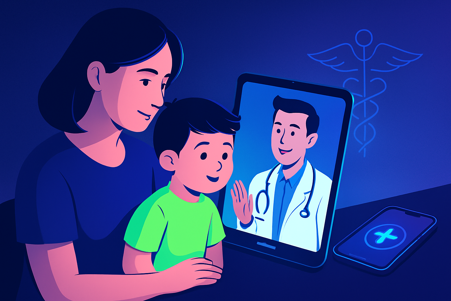 Mutter mit krankem Kind nutzt Video-Sprechstunde mit Online-Kinderarzt auf Tablet