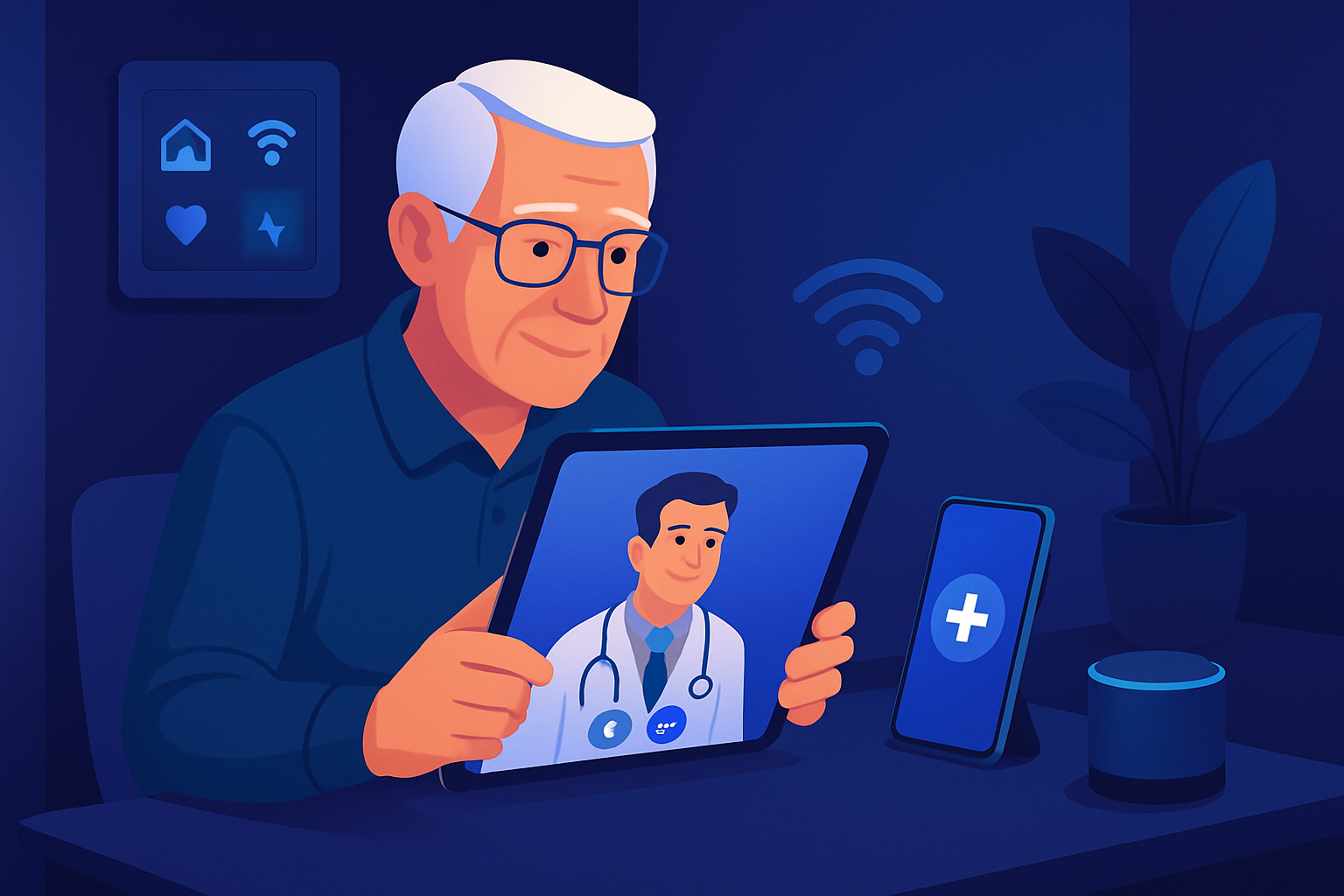 Seniorin nutzt Tablet für Video-Sprechstunde mit Arzt von zuhause aus