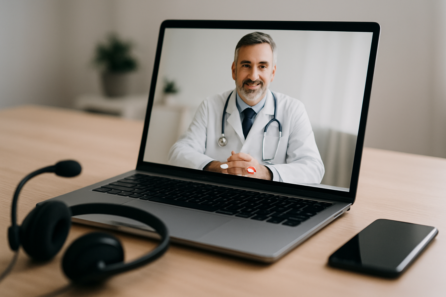 Patientin führt Video-Sprechstunde mit Arzt auf Laptop durch